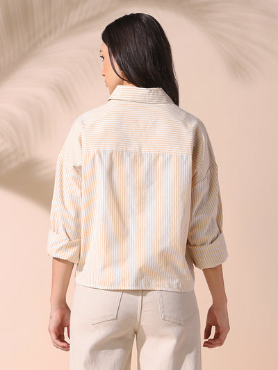 DL Woman Yellow Striped Spread Collar Drop Shoulder Relaxed Cotton Shirt