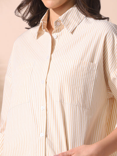 DL Woman Yellow Striped Spread Collar Drop Shoulder Relaxed Cotton Shirt