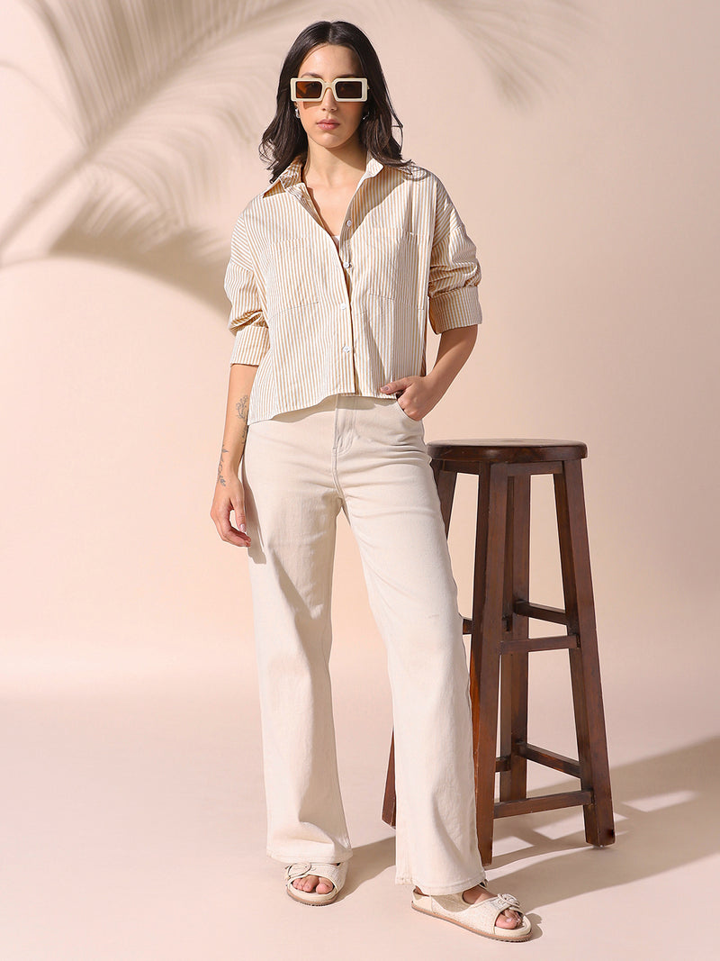 DL Woman Yellow Striped Spread Collar Drop Shoulder Relaxed Cotton Shirt