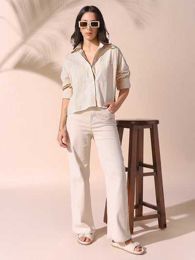 DL Woman Yellow Striped Spread Collar Drop Shoulder Relaxed Cotton Shirt