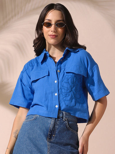 DL Woman Blue Embroidered Half Sleeves Spread Collar Textured Boxy Shirt