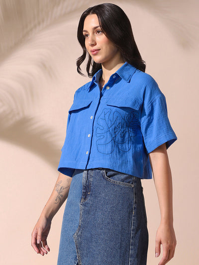 DL Woman Blue Embroidered Half Sleeves Spread Collar Textured Boxy Shirt