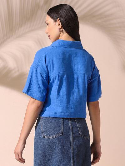DL Woman Blue Embroidered Half Sleeves Spread Collar Textured Boxy Shirt