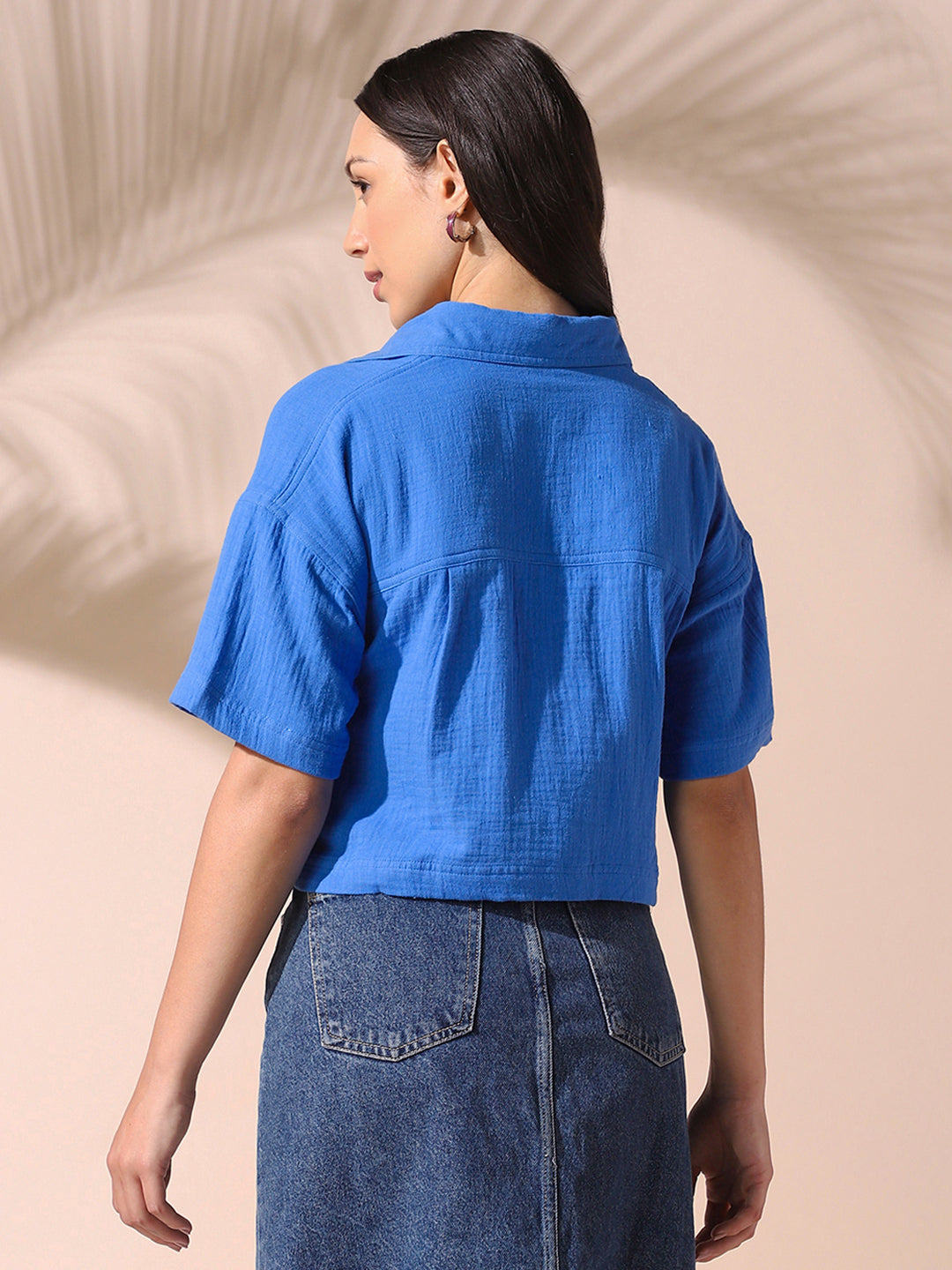 DL Woman Blue Embroidered Half Sleeves Spread Collar Textured Boxy Shirt
