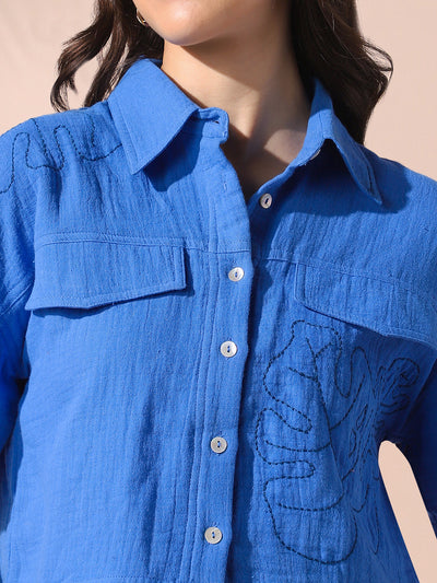 DL Woman Blue Embroidered Half Sleeves Spread Collar Textured Boxy Shirt