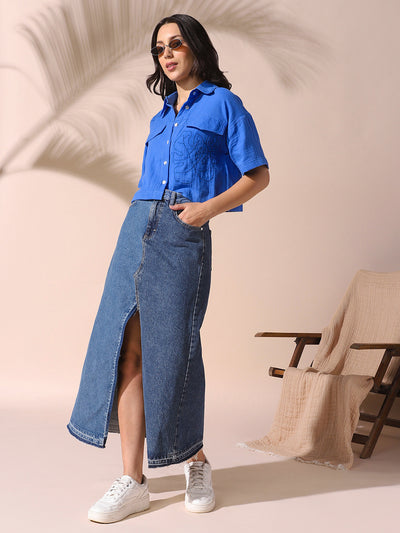 DL Woman Blue Embroidered Half Sleeves Spread Collar Textured Boxy Shirt