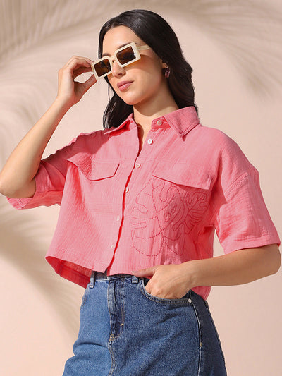 DL Woman Pink Embroidered Half Sleeves Spread Collar Textured Boxy Shirt