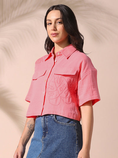 DL Woman Pink Embroidered Half Sleeves Spread Collar Textured Boxy Shirt