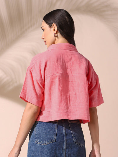 DL Woman Pink Embroidered Half Sleeves Spread Collar Textured Boxy Shirt