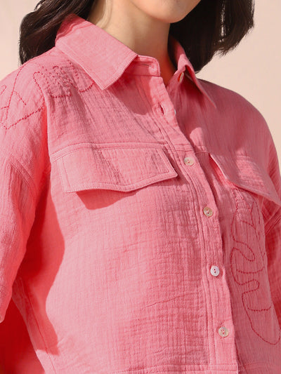DL Woman Pink Embroidered Half Sleeves Spread Collar Textured Boxy Shirt