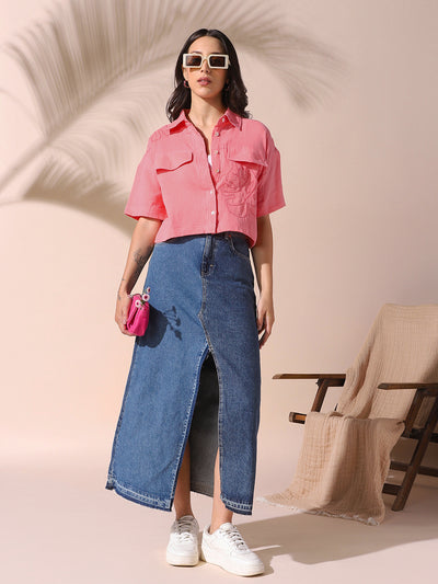 DL Woman Pink Embroidered Half Sleeves Spread Collar Textured Boxy Shirt