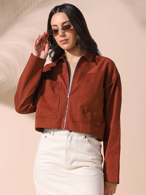 DL Woman Brown Solid Spread Collar Full Sleeves Cotton Shacket