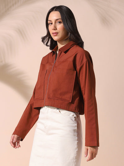 DL Woman Brown Solid Spread Collar Full Sleeves Cotton Shacket