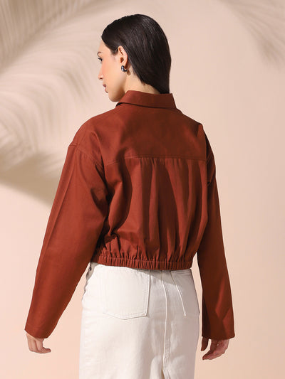 DL Woman Brown Solid Spread Collar Full Sleeves Cotton Shacket