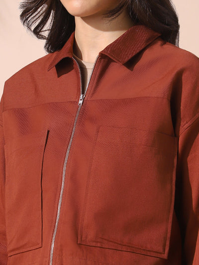 DL Woman Brown Solid Spread Collar Full Sleeves Cotton Shacket