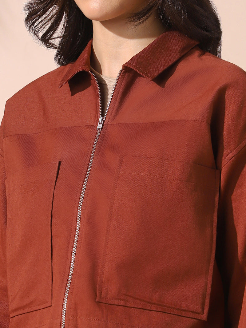 DL Woman Brown Solid Spread Collar Full Sleeves Cotton Shacket