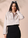DL Woman Cream Solid Spread Collar Full Sleeves Cotton Shacket