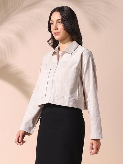 DL Woman Cream Solid Spread Collar Full Sleeves Cotton Shacket