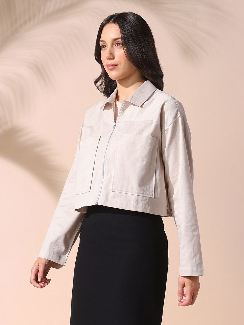 DL Woman Cream Solid Spread Collar Full Sleeves Cotton Shacket