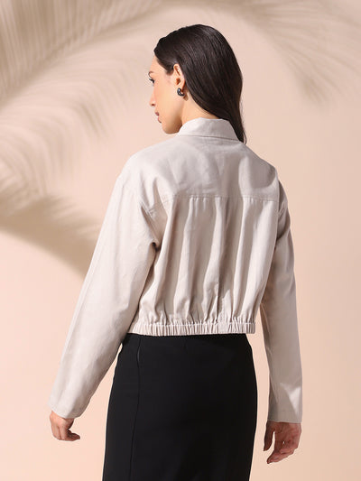 DL Woman Cream Solid Spread Collar Full Sleeves Cotton Shacket