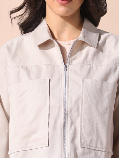 DL Woman Cream Solid Spread Collar Full Sleeves Cotton Shacket