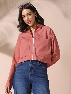 DL Woman Dusty Pink Solid Spread Collar Full Sleeves Cotton Shacket