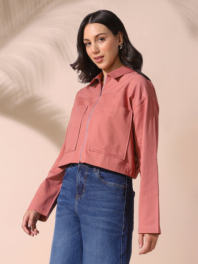 DL Woman Dusty Pink Solid Spread Collar Full Sleeves Cotton Shacket
