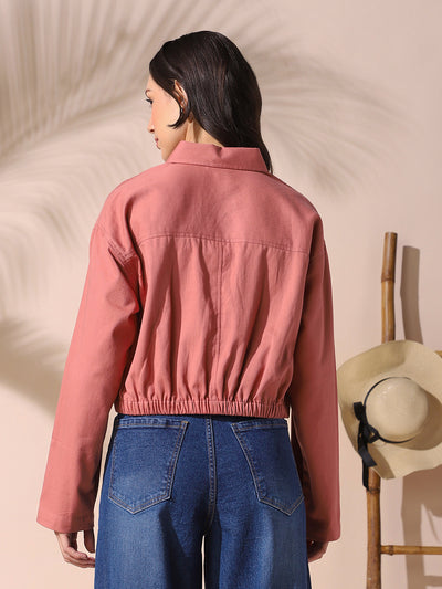 DL Woman Dusty Pink Solid Spread Collar Full Sleeves Cotton Shacket