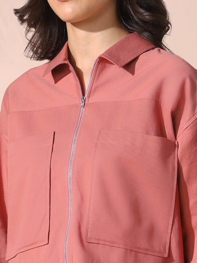 DL Woman Dusty Pink Solid Spread Collar Full Sleeves Cotton Shacket