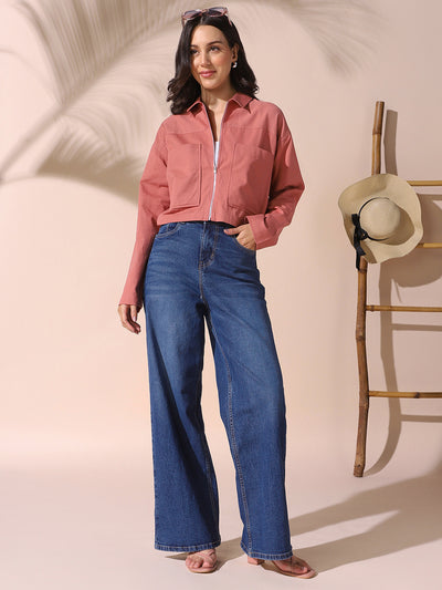 DL Woman Dusty Pink Solid Spread Collar Full Sleeves Cotton Shacket