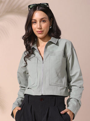 DL Woman Sage Green Solid Spread Collar Full Sleeves Cotton Shacket