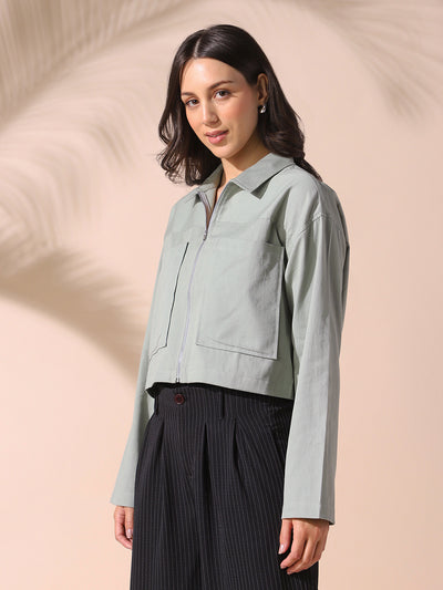 DL Woman Sage Green Solid Spread Collar Full Sleeves Cotton Shacket