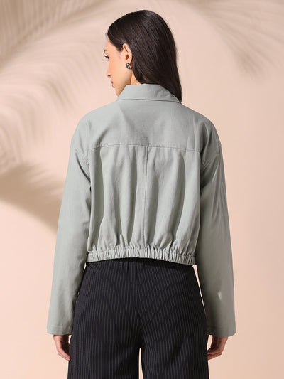 DL Woman Sage Green Solid Spread Collar Full Sleeves Cotton Shacket