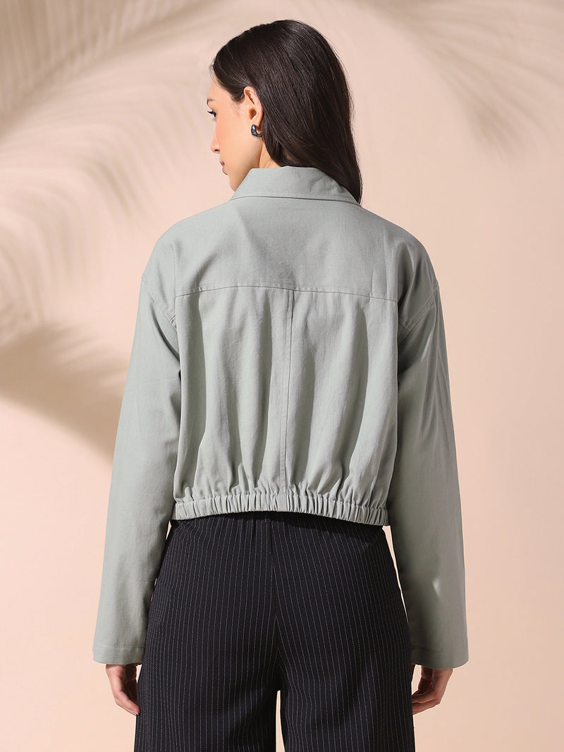 DL Woman Sage Green Solid Spread Collar Full Sleeves Cotton Shacket