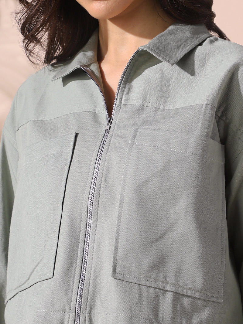 DL Woman Sage Green Solid Spread Collar Full Sleeves Cotton Shacket