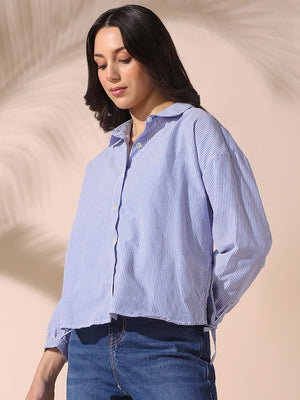 DL Woman Blue Striped Spread Collar Full Sleeves Relaxed Fit Tie-Up Shirt