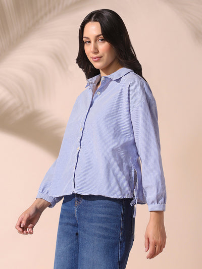 DL Woman Blue Striped Spread Collar Full Sleeves Relaxed Fit Tie-Up Shirt