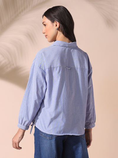 DL Woman Blue Striped Spread Collar Full Sleeves Relaxed Fit Tie-Up Shirt