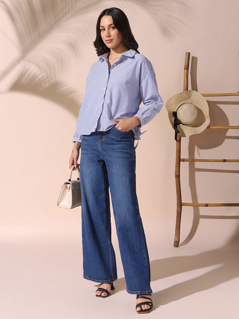 DL Woman Blue Striped Spread Collar Full Sleeves Relaxed Fit Tie-Up Shirt