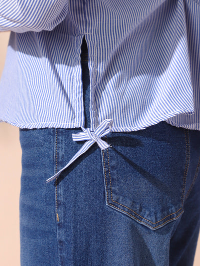 DL Woman Blue Striped Spread Collar Full Sleeves Relaxed Fit Tie-Up Shirt