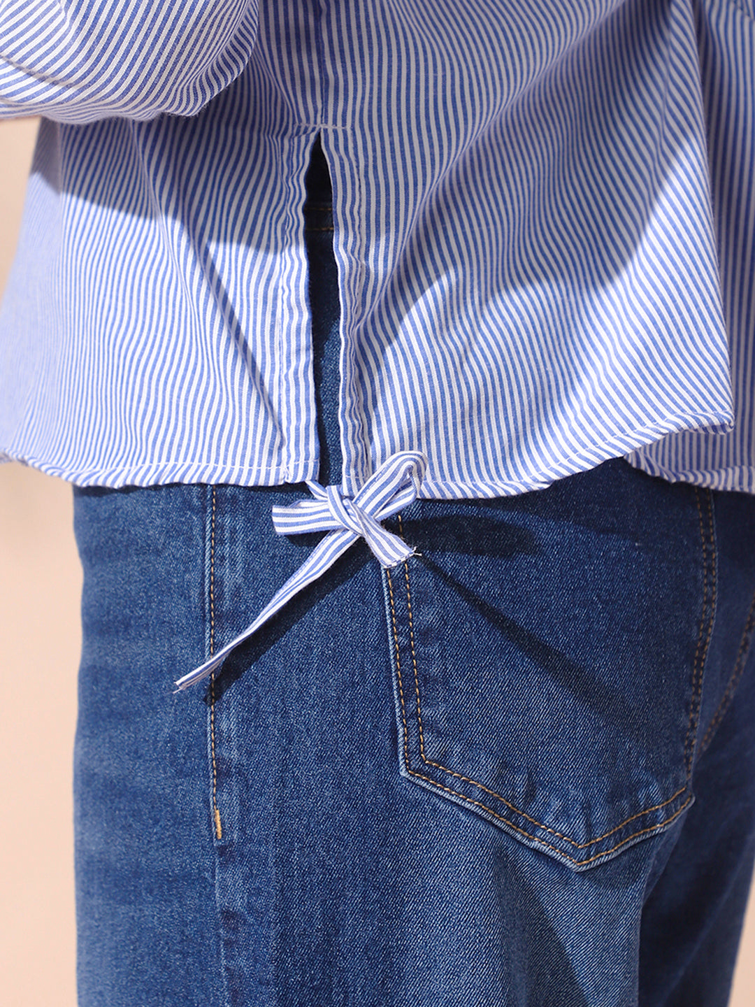 DL Woman Blue Striped Spread Collar Full Sleeves Relaxed Fit Tie-Up Shirt