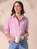 DL Woman Pink Striped Spread Collar Full Sleeves Relaxed Fit Tie-Up Shirt