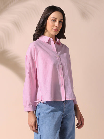 DL Woman Pink Striped Spread Collar Full Sleeves Relaxed Fit Tie-Up Shirt
