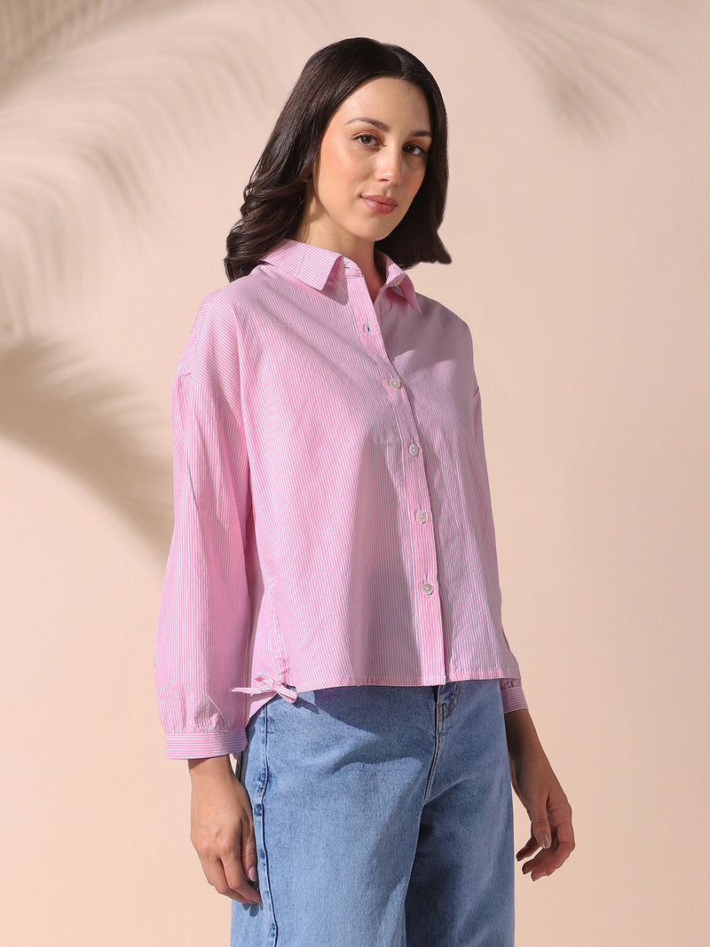 DL Woman Pink Striped Spread Collar Full Sleeves Relaxed Fit Tie-Up Shirt