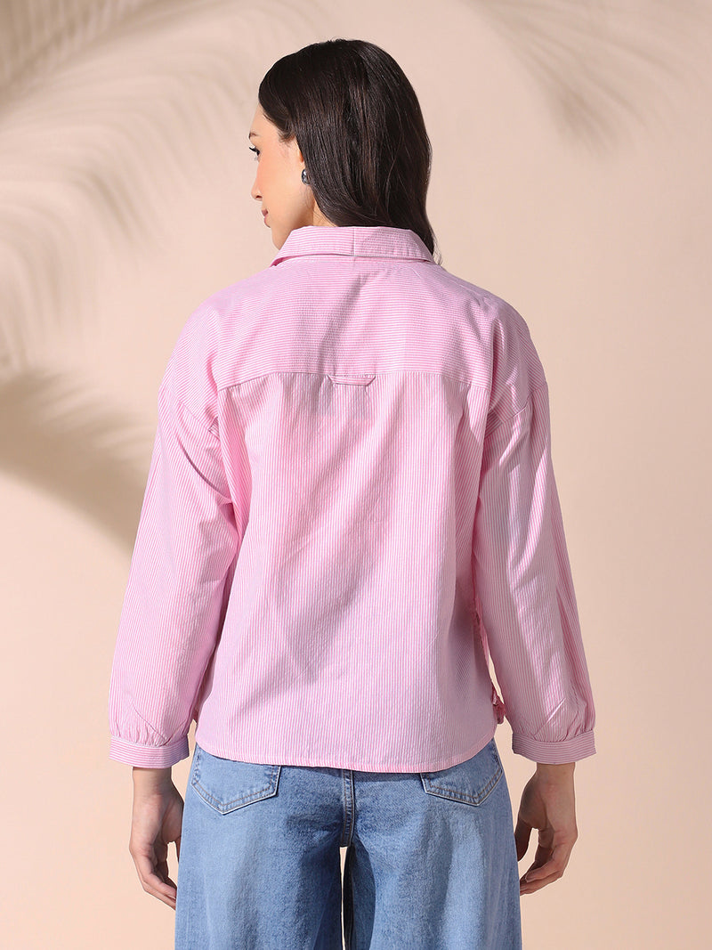 DL Woman Pink Striped Spread Collar Full Sleeves Relaxed Fit Tie-Up Shirt