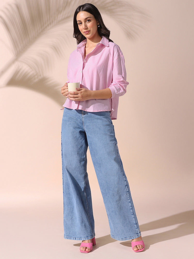 DL Woman Pink Striped Spread Collar Full Sleeves Relaxed Fit Tie-Up Shirt
