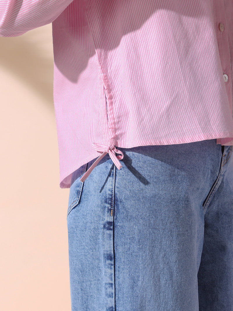 DL Woman Pink Striped Spread Collar Full Sleeves Relaxed Fit Tie-Up Shirt