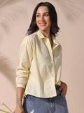 DL Woman Yellow Striped Spread Collar Full Sleeves Relaxed Fit Tie-Up Shirt
