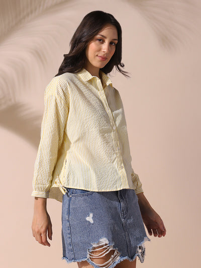 DL Woman Yellow Striped Spread Collar Full Sleeves Relaxed Fit Tie-Up Shirt