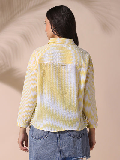 DL Woman Yellow Striped Spread Collar Full Sleeves Relaxed Fit Tie-Up Shirt
